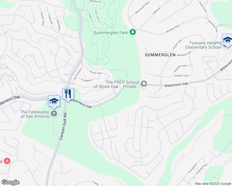 map of restaurants, bars, coffee shops, grocery stores, and more near 24375 Wilderness Oak in San Antonio