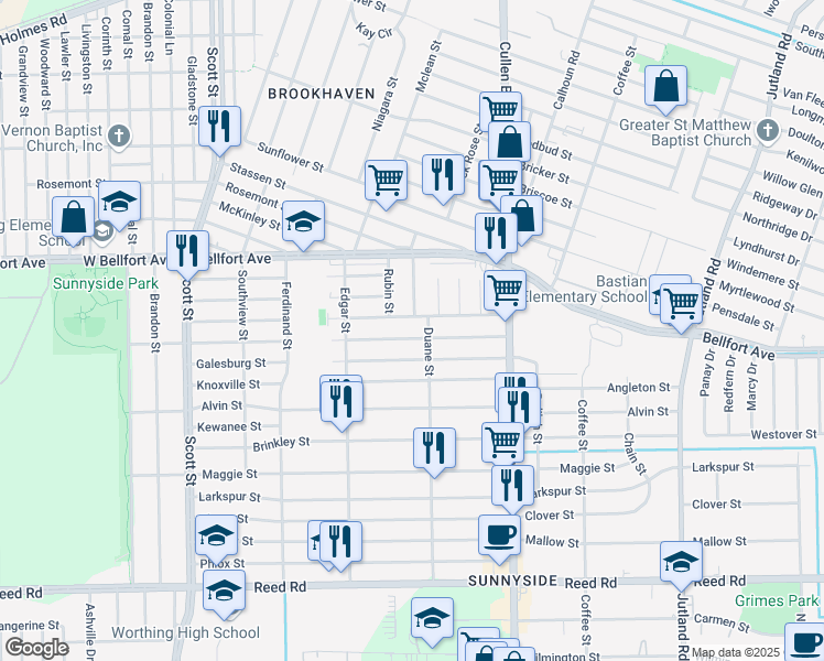 map of restaurants, bars, coffee shops, grocery stores, and more near 4517 Davenport Street in Houston