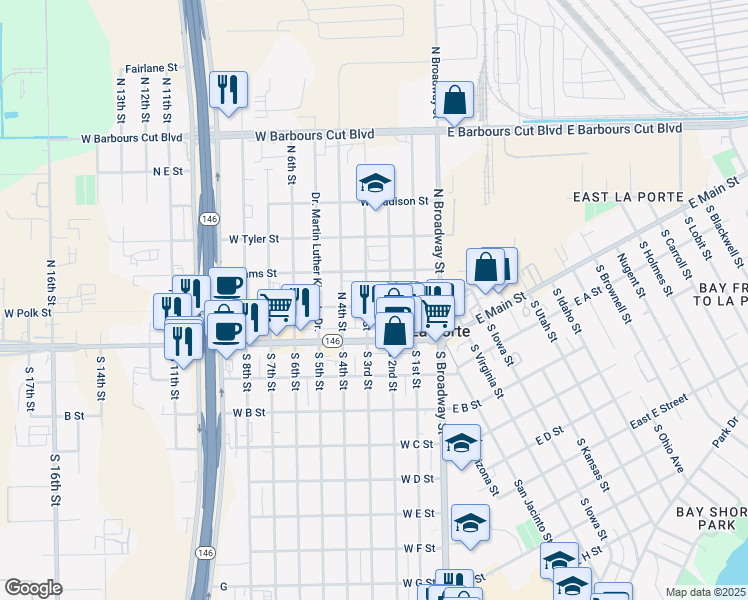 map of restaurants, bars, coffee shops, grocery stores, and more near 310 West Polk Street in La Porte