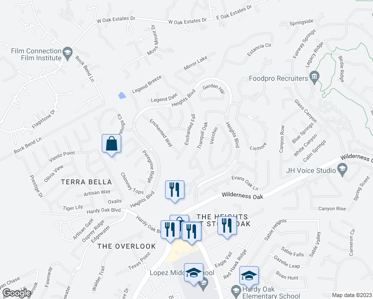 map of restaurants, bars, coffee shops, grocery stores, and more near 23338 Enchanted Fall in San Antonio