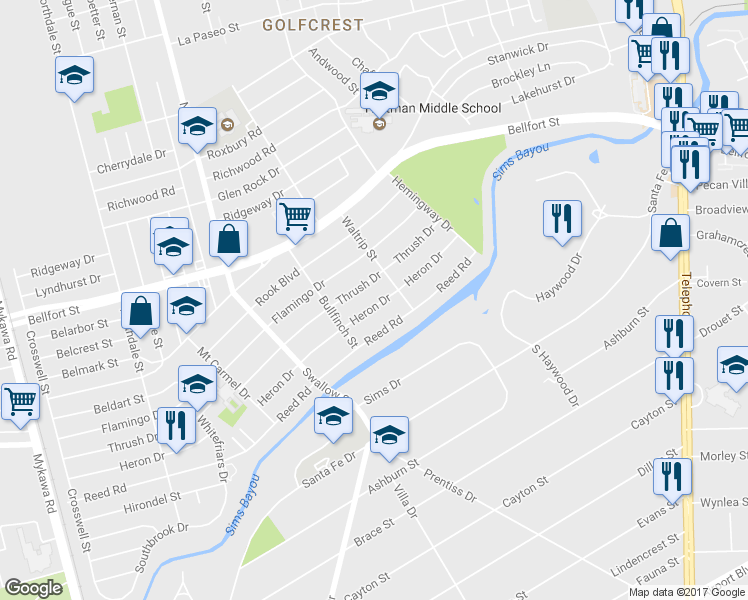 map of restaurants, bars, coffee shops, grocery stores, and more near 7041 Heron Drive in Houston