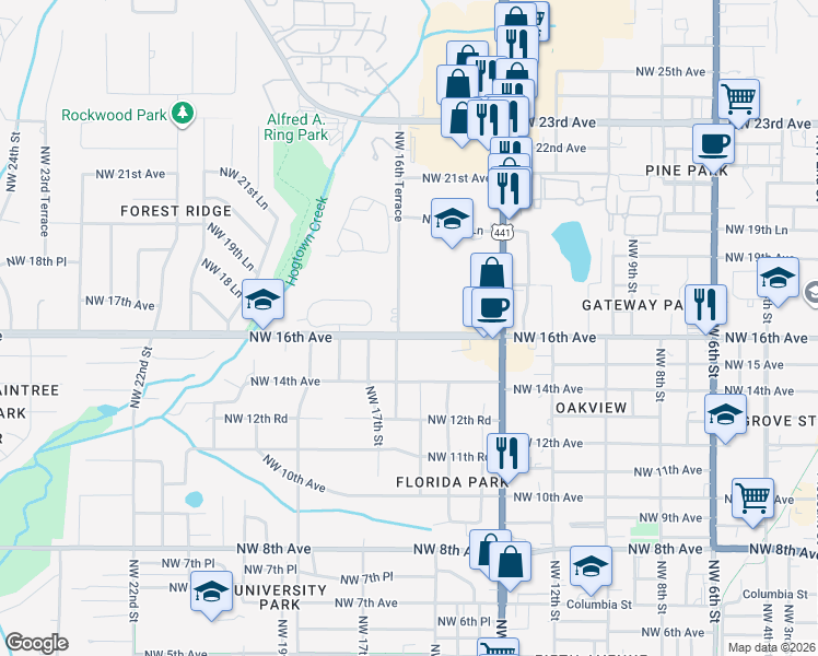 map of restaurants, bars, coffee shops, grocery stores, and more near 1614 Northwest 16th Avenue in Gainesville
