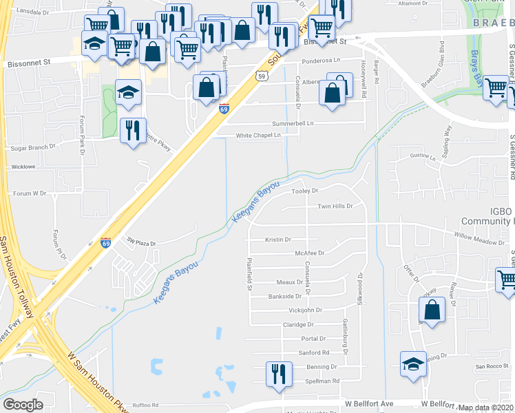 map of restaurants, bars, coffee shops, grocery stores, and more near 9432 Tooley Drive in Houston
