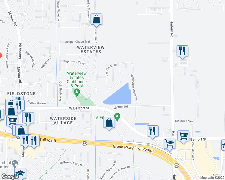 map of restaurants, bars, coffee shops, grocery stores, and more near 19519 Gable Crossing Drive in Richmond