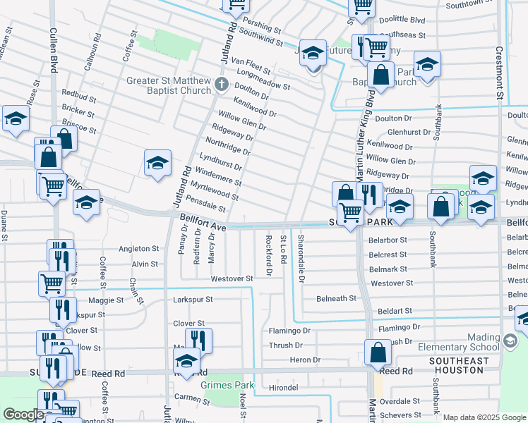 map of restaurants, bars, coffee shops, grocery stores, and more near 5406 Myrtlewood Street in Houston