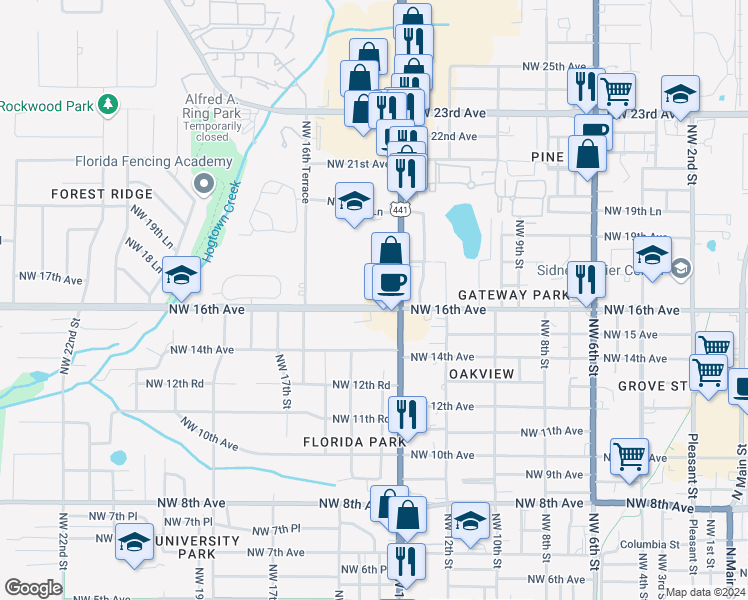 map of restaurants, bars, coffee shops, grocery stores, and more near 1324 Northwest 16th Avenue in Gainesville