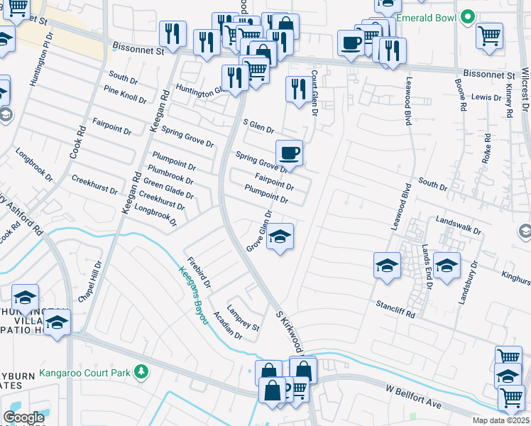 map of restaurants, bars, coffee shops, grocery stores, and more near 11803 Plumbrook Drive in Houston