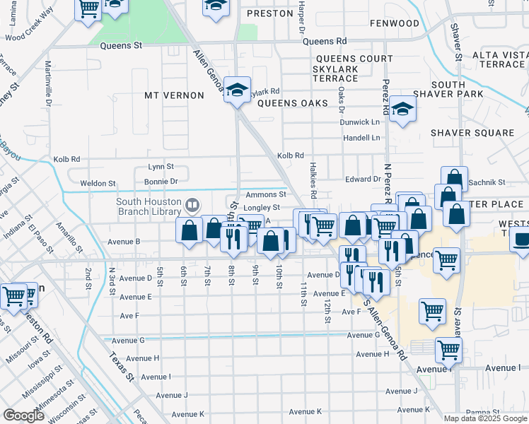 map of restaurants, bars, coffee shops, grocery stores, and more near 908 Longley Street in South Houston