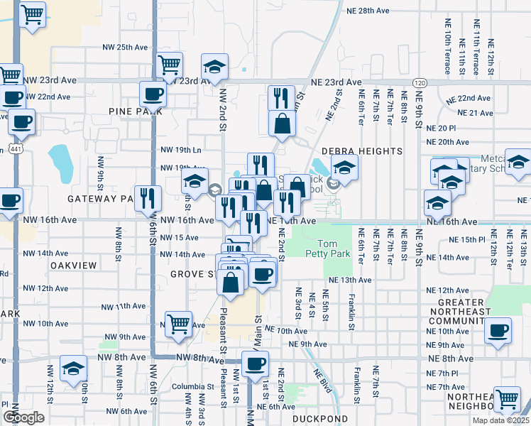 map of restaurants, bars, coffee shops, grocery stores, and more near 1600-1630 North Main Street in Gainesville