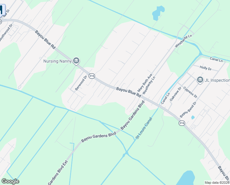 map of restaurants, bars, coffee shops, grocery stores, and more near 2421 Bayou Blue Road in Houma