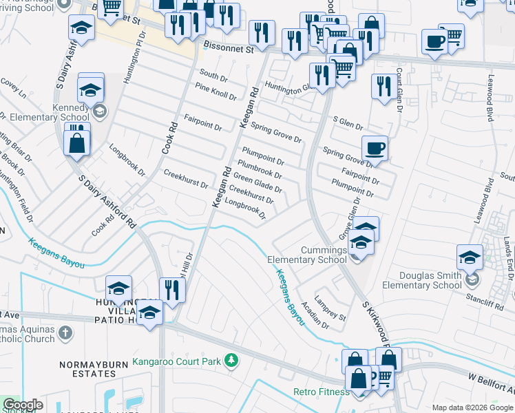 map of restaurants, bars, coffee shops, grocery stores, and more near 12006 Longbrook Drive in Houston