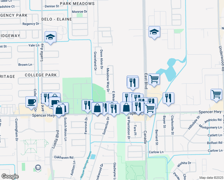 map of restaurants, bars, coffee shops, grocery stores, and more near 4710 East Meadow Drive in Deer Park