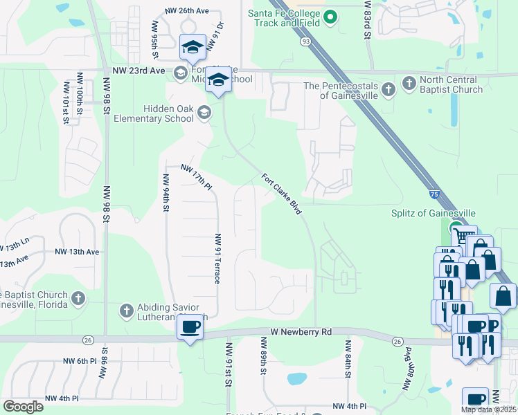 map of restaurants, bars, coffee shops, grocery stores, and more near 1521 Northwest 89th Terrace in Gainesville