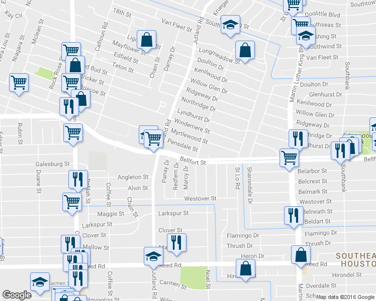map of restaurants, bars, coffee shops, grocery stores, and more near 5218 Pensdale Street in Houston