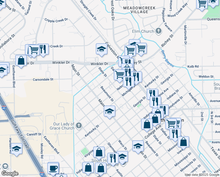 map of restaurants, bars, coffee shops, grocery stores, and more near 708 Kansas Avenue in South Houston