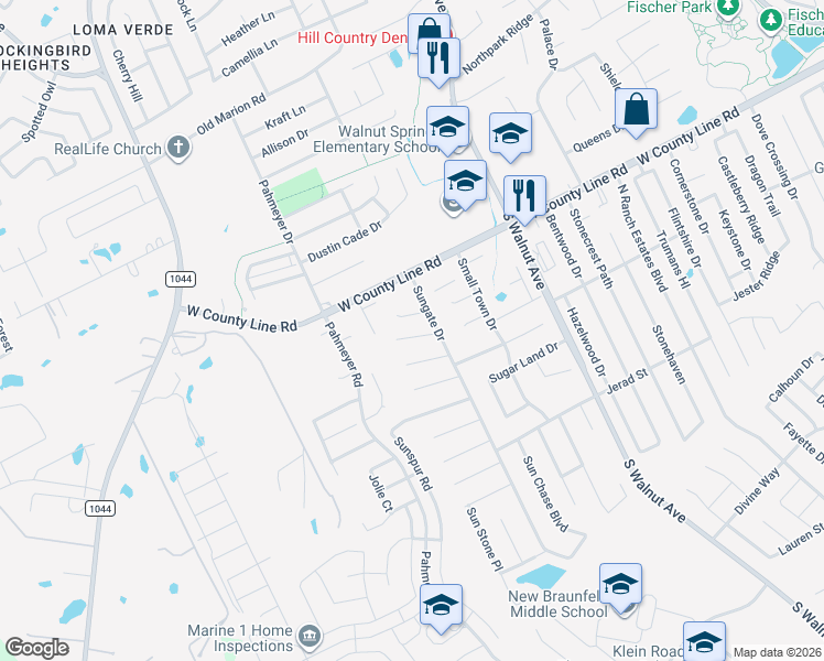 map of restaurants, bars, coffee shops, grocery stores, and more near 1638 Sunshine Peak in New Braunfels