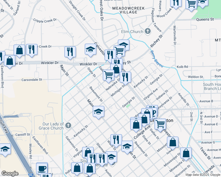 map of restaurants, bars, coffee shops, grocery stores, and more near 610 Nebraska Street in South Houston