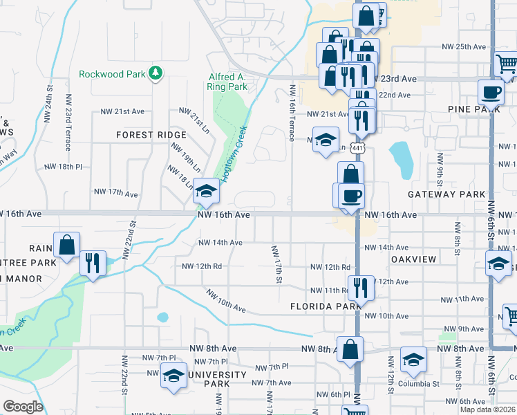 map of restaurants, bars, coffee shops, grocery stores, and more near 1730 Northwest 16 Drive in Gainesville