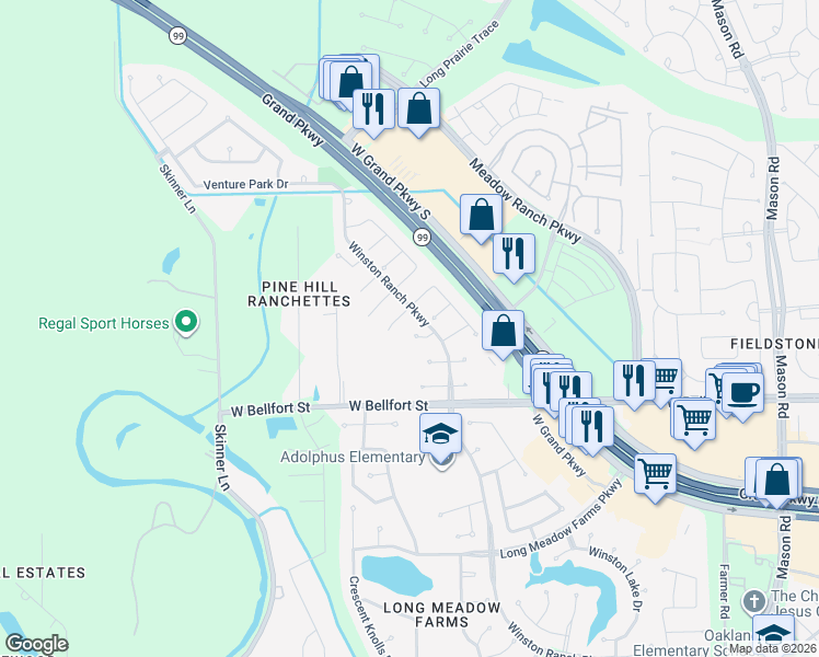map of restaurants, bars, coffee shops, grocery stores, and more near 21122 White River Court in Richmond