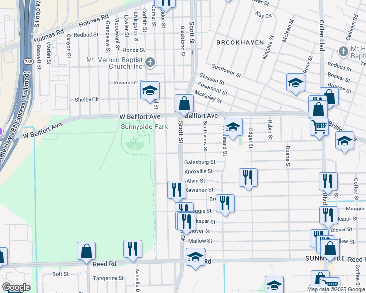 map of restaurants, bars, coffee shops, grocery stores, and more near 8626 Scott Street in Houston