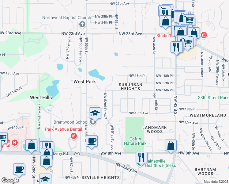map of restaurants, bars, coffee shops, grocery stores, and more near 1601 Northwest 51st Terrace in Gainesville