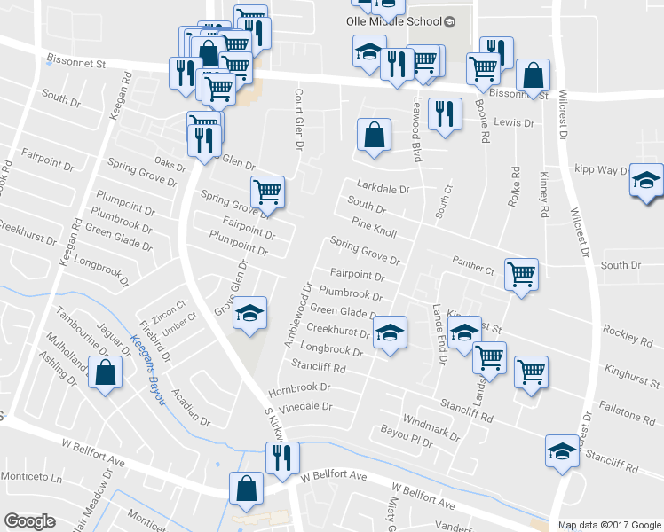 map of restaurants, bars, coffee shops, grocery stores, and more near 11602 Fairpoint Drive in Houston