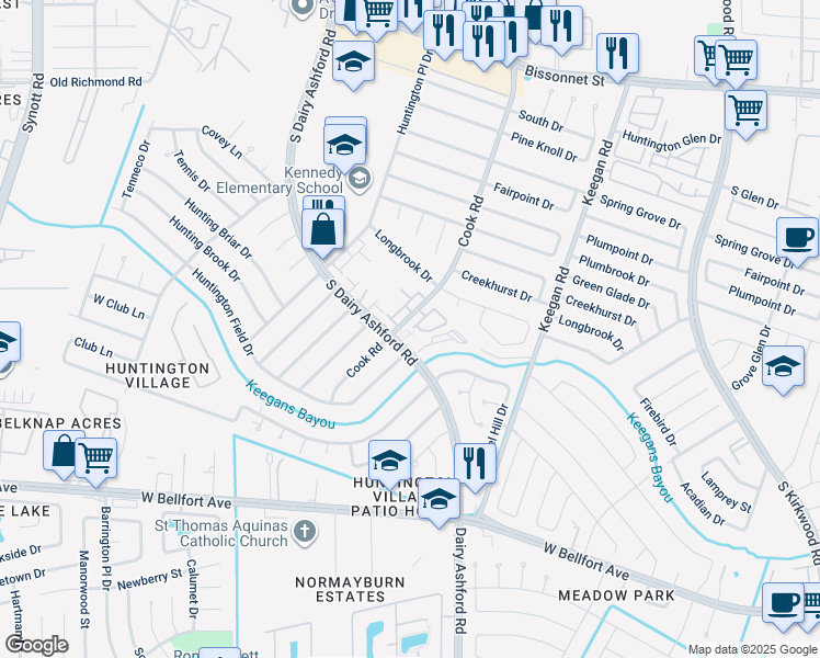 map of restaurants, bars, coffee shops, grocery stores, and more near 12555 South Dairy Ashford Road in Houston