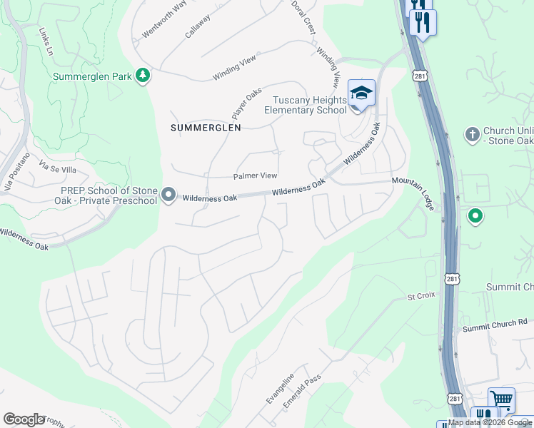 map of restaurants, bars, coffee shops, grocery stores, and more near 24136 Seven Winds in San Antonio