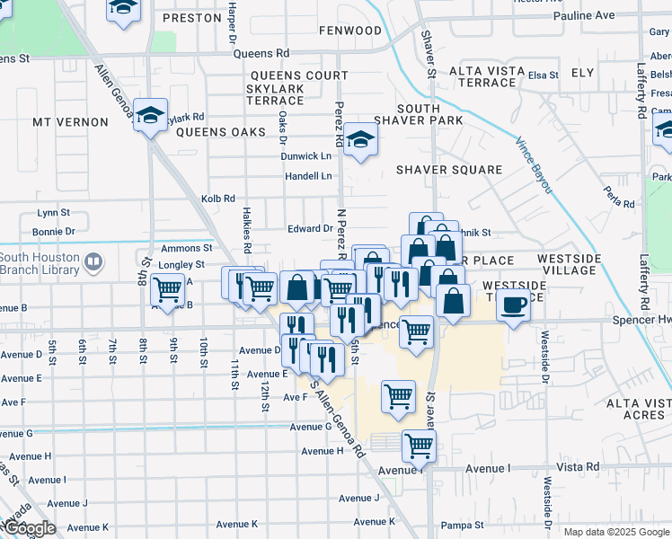 map of restaurants, bars, coffee shops, grocery stores, and more near 103 North Perez Road in South Houston