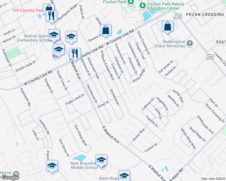 map of restaurants, bars, coffee shops, grocery stores, and more near 2155 Stonehaven in New Braunfels
