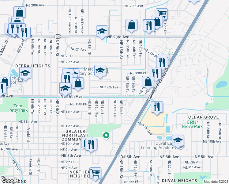 map of restaurants, bars, coffee shops, grocery stores, and more near 1422 Northeast 16th Place in Gainesville