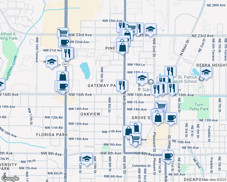 map of restaurants, bars, coffee shops, grocery stores, and more near 710 Northwest 16th Avenue in Gainesville
