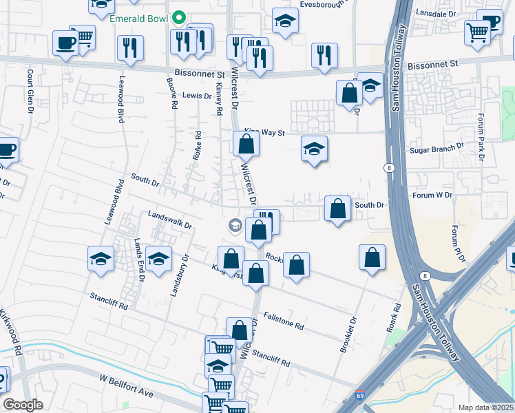 map of restaurants, bars, coffee shops, grocery stores, and more near Wilcrest Drive & South Drive in Houston