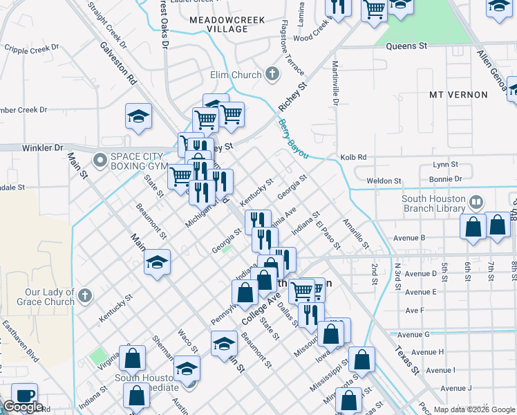 map of restaurants, bars, coffee shops, grocery stores, and more near 907 Dumont Street in South Houston