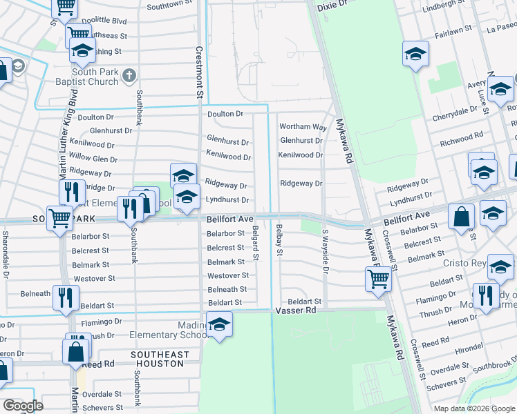 map of restaurants, bars, coffee shops, grocery stores, and more near 7743 Belgard Street in Houston