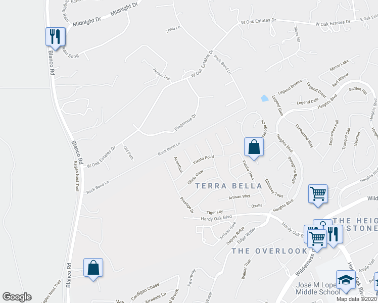 map of restaurants, bars, coffee shops, grocery stores, and more near 24218 Gazania Bluff in San Antonio