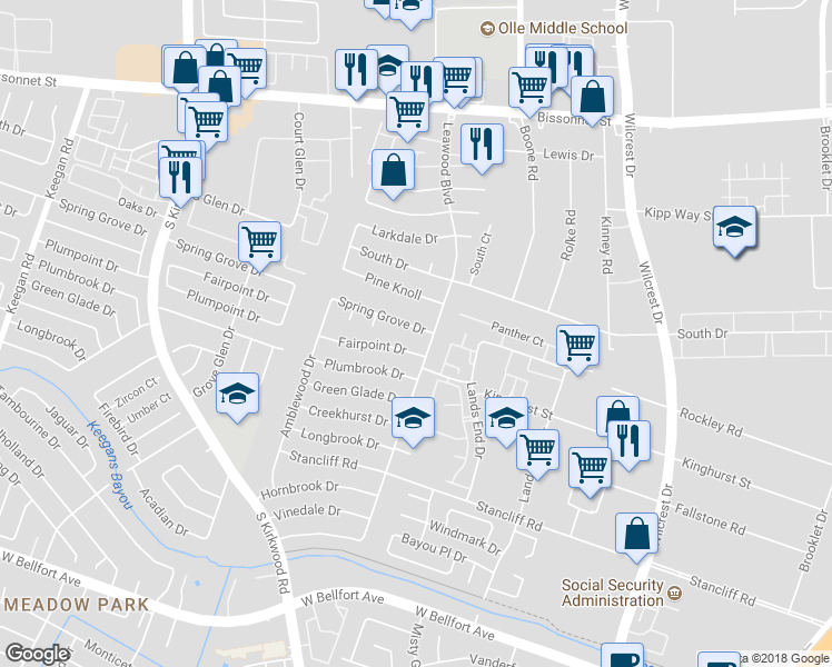 map of restaurants, bars, coffee shops, grocery stores, and more near 11411 Spring Grove Drive in Houston