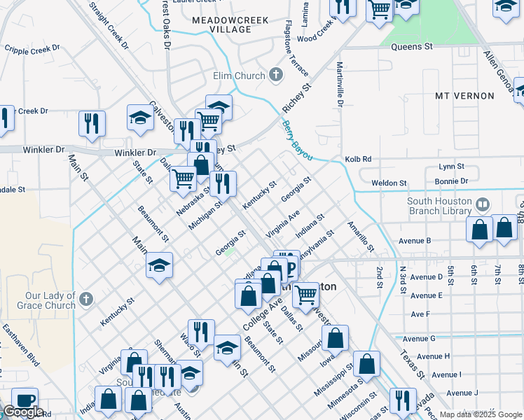 map of restaurants, bars, coffee shops, grocery stores, and more near 907 Dumont Street in South Houston