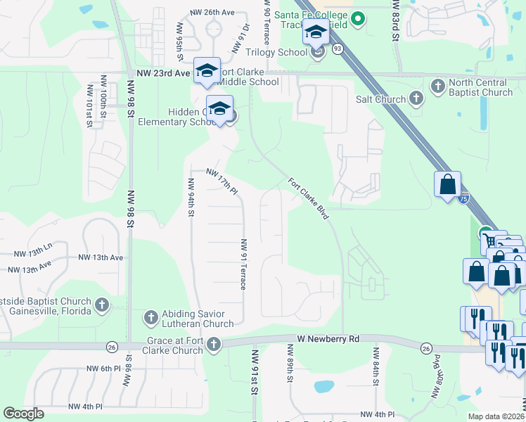 map of restaurants, bars, coffee shops, grocery stores, and more near 1519 Northwest 90 Terrace in Gainesville