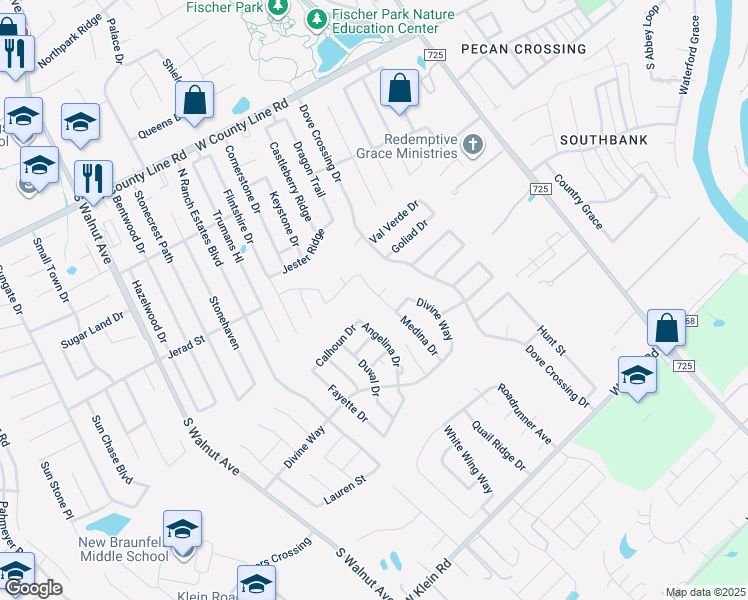 map of restaurants, bars, coffee shops, grocery stores, and more near 2392 Medina Drive in New Braunfels