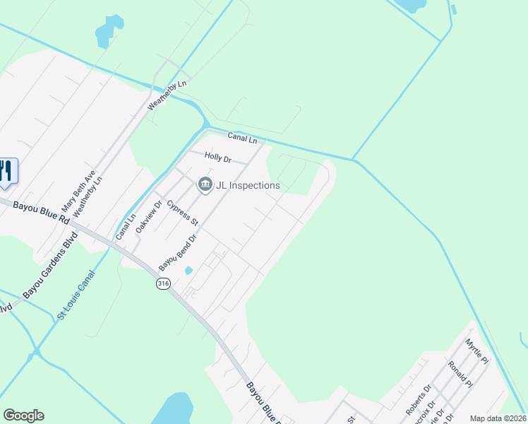 map of restaurants, bars, coffee shops, grocery stores, and more near 212 Bayou Bend Drive in Houma