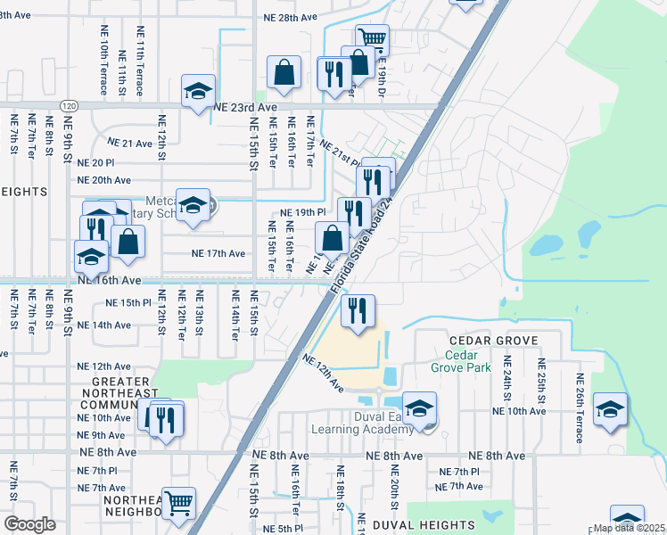map of restaurants, bars, coffee shops, grocery stores, and more near 1602 Northeast Waldo Road in Gainesville