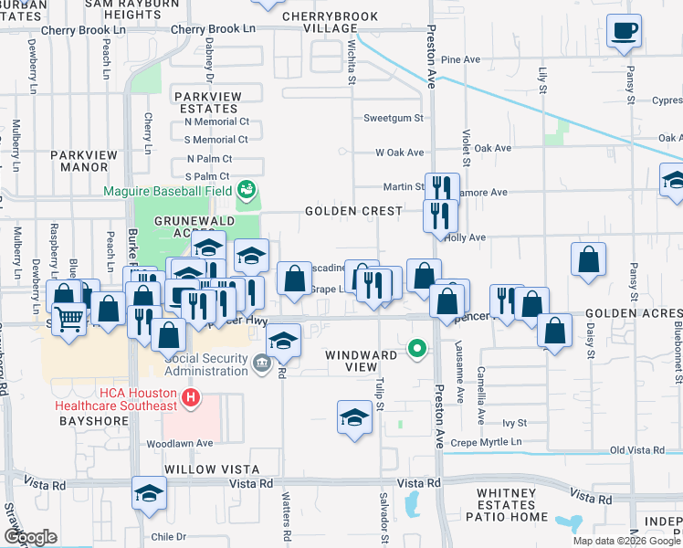 map of restaurants, bars, coffee shops, grocery stores, and more near 2508 Muscadine Lane in Pasadena