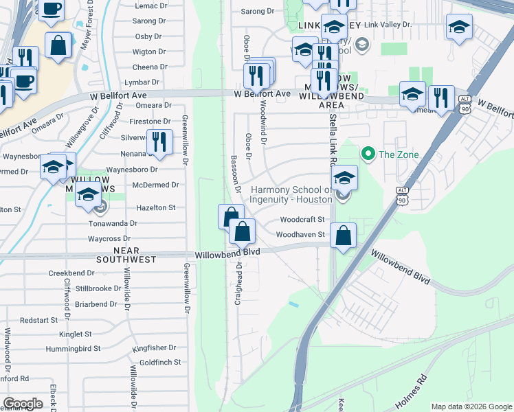 map of restaurants, bars, coffee shops, grocery stores, and more near 10505 Bassoon Drive in Houston