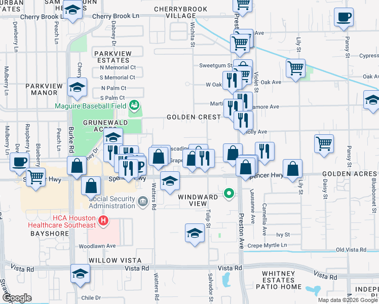 map of restaurants, bars, coffee shops, grocery stores, and more near 2508 Muscadine Lane in Pasadena