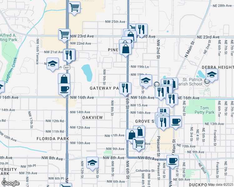 map of restaurants, bars, coffee shops, grocery stores, and more near 620 Northwest 16th Avenue in Gainesville