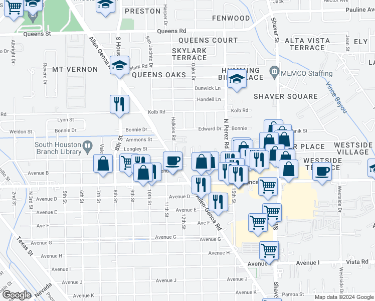 map of restaurants, bars, coffee shops, grocery stores, and more near 1303 Avenue A in South Houston