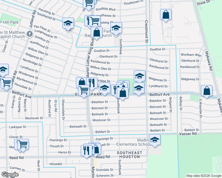 map of restaurants, bars, coffee shops, grocery stores, and more near 5818 Lyndhurst Drive in Houston