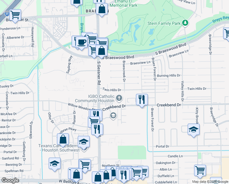 map of restaurants, bars, coffee shops, grocery stores, and more near 8507 Twin Hills Drive in Houston