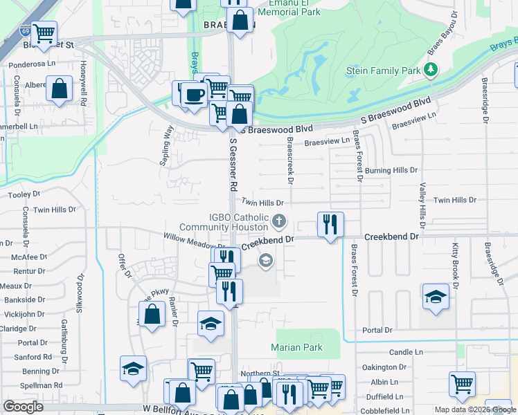 map of restaurants, bars, coffee shops, grocery stores, and more near 8507 Twin Hills Drive in Houston